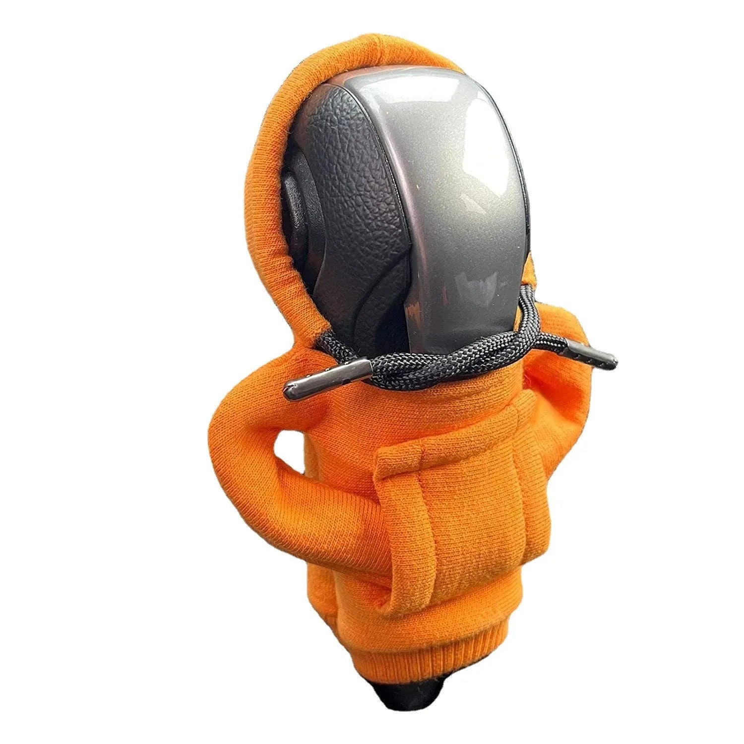 Blue cloth cover fitted over a car gear shift knob showing sewing detail