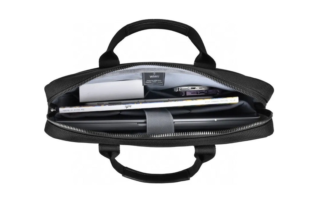 Black Oxford cloth laptop backpack showing multiple compartments and a lock, suitable for 14-inch or 15.6-inch devices.