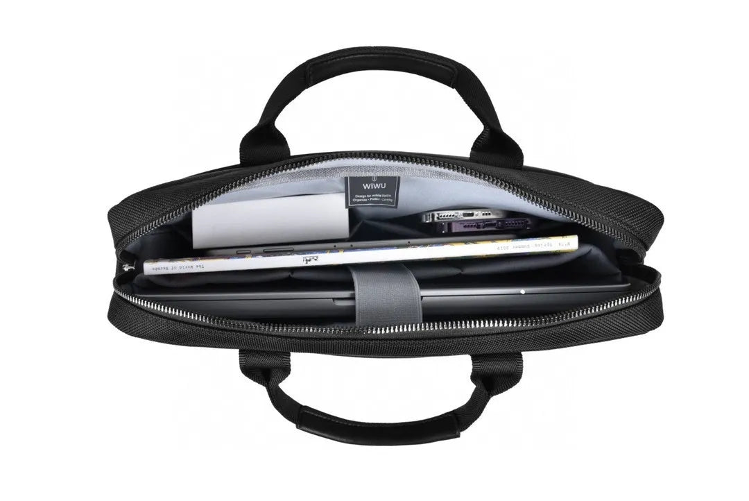Black Oxford cloth laptop backpack showing multiple compartments and a lock, suitable for 14-inch or 15.6-inch devices.