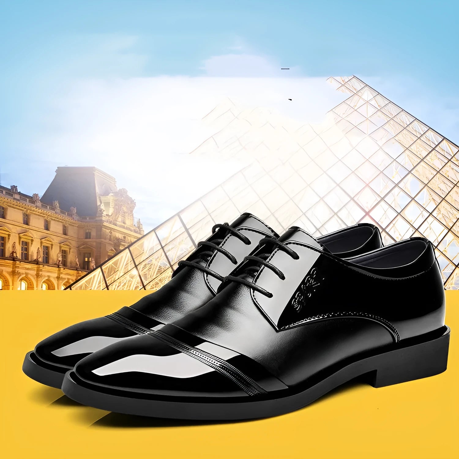 Men's casual pointed PU leather shoes in black with stitching details and rubber sole