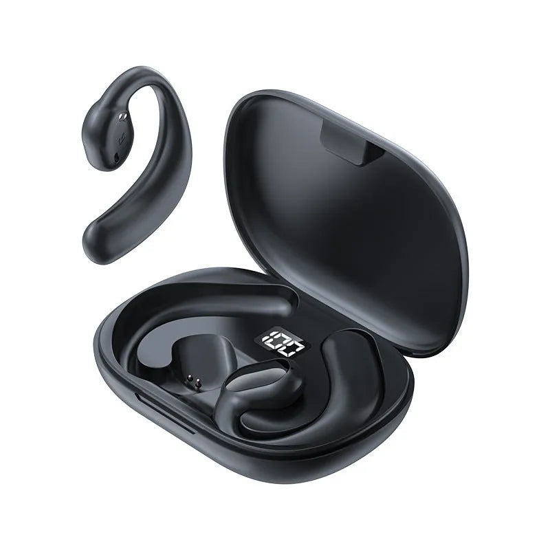 Black and white ear-mounted Bluetooth headset with digital display screen on ear.