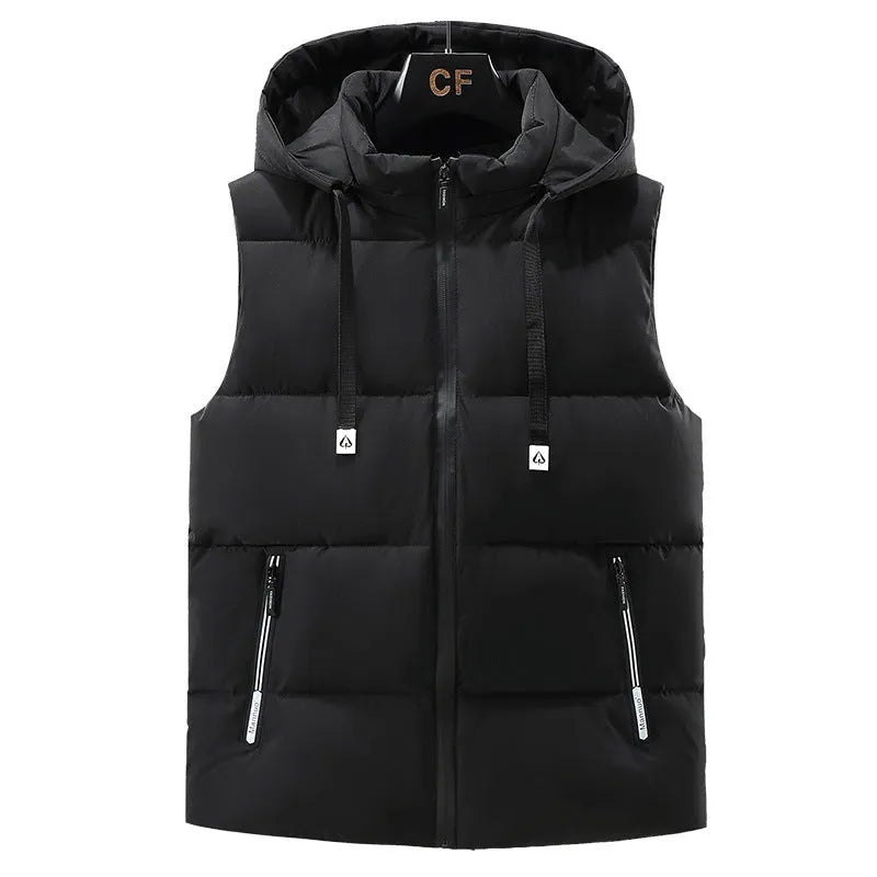 Men's black thickened polyester vest with removable cap and slant pocket
