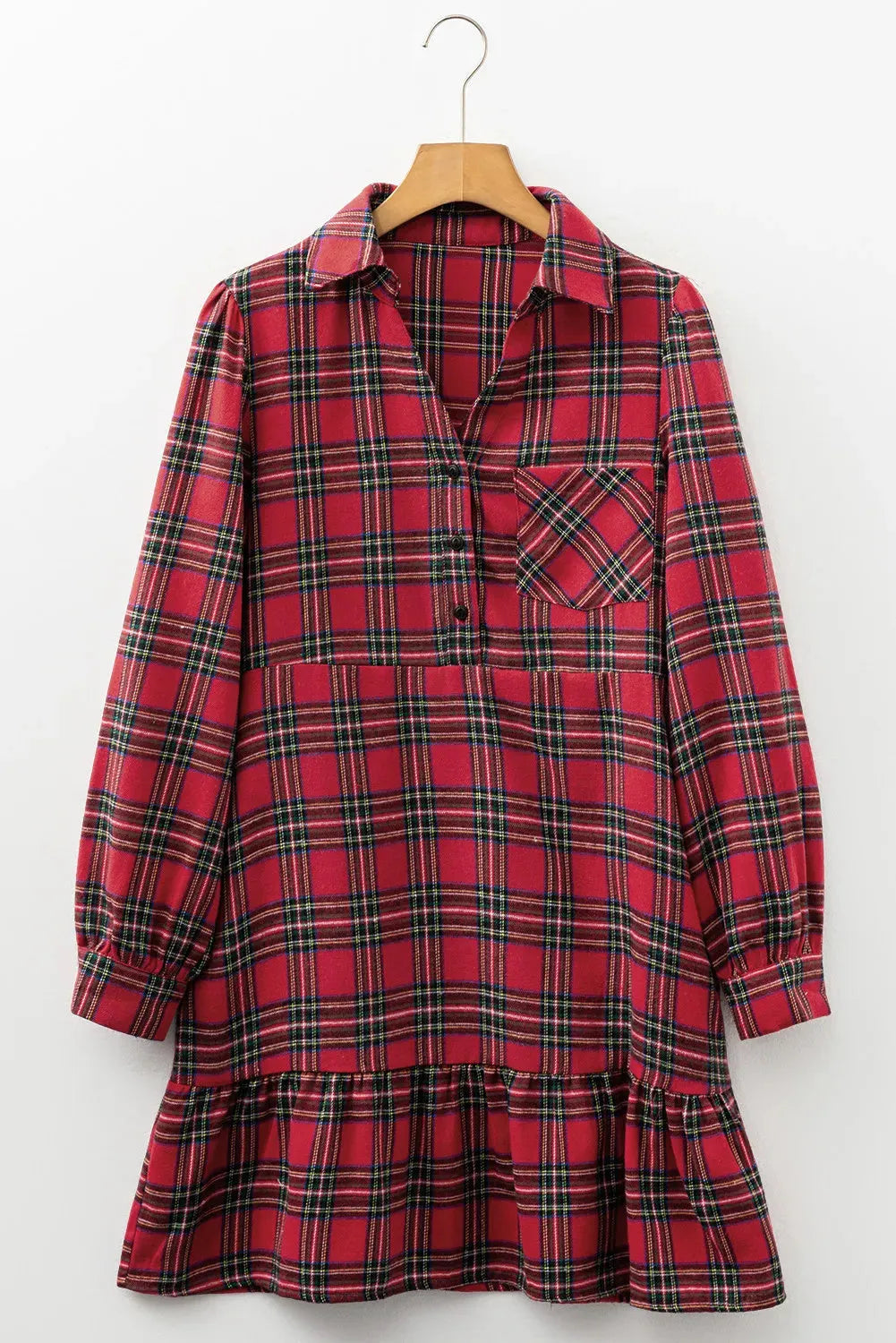 Red plaid mini dress with shirt collar, long sleeves, half-button front, and ruffle hem
