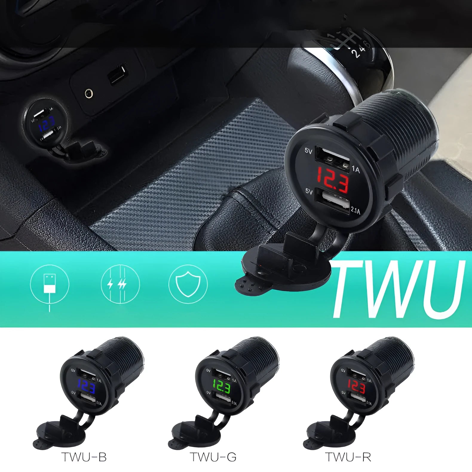 Waterproof motorcycle car charger with USB port and cigarette lighter plug