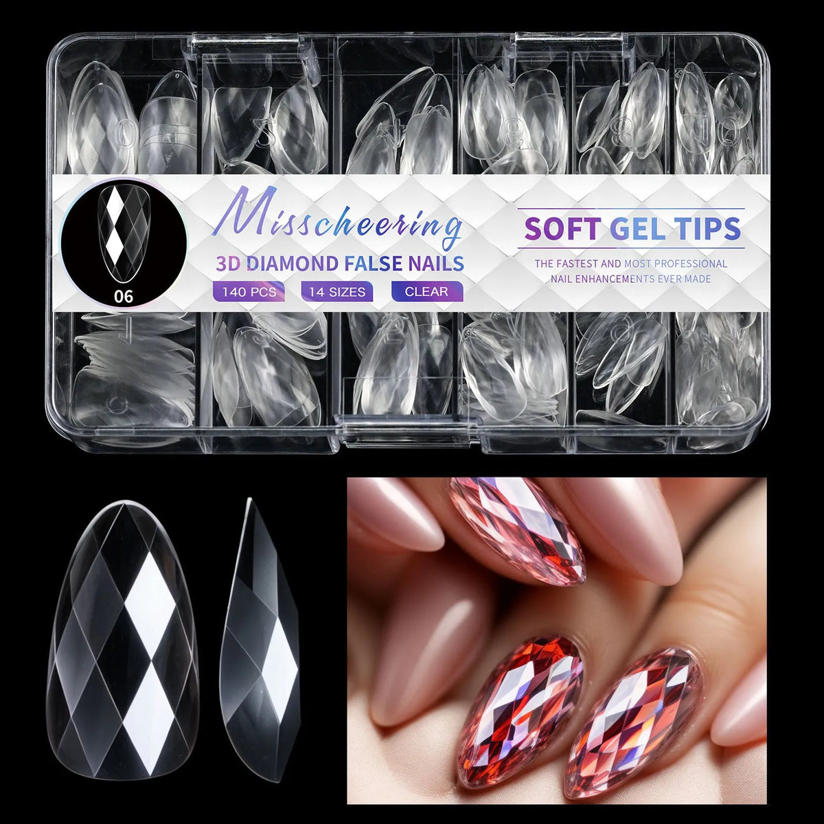 3D diamond wear long shaping artificial nail tips in twelve different colour options