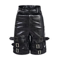 Men's black PU leather casual shorts with metal ring detail on a medium-low waistband.