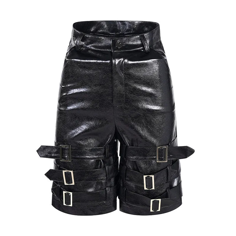 Men's black PU leather casual shorts with metal ring detail on a medium-low waistband.
