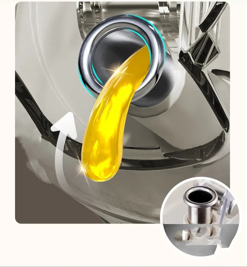 Warm grey glass oil sprayer and pourer bottle with switchable cap and detachable nozzle.