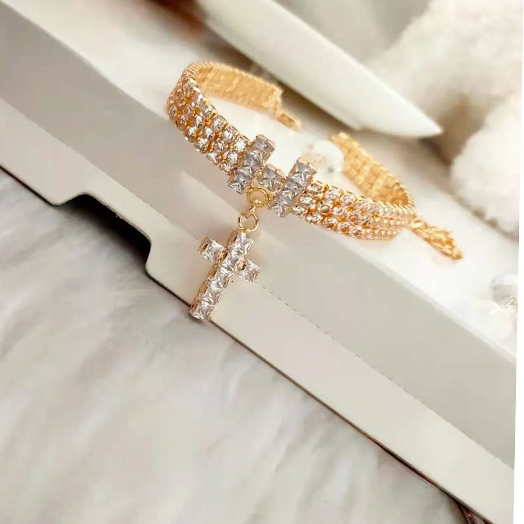 Letter cross pet necklace with zircon and rhinestone inlay, gold or rose gold, adjustable S M L sizes
