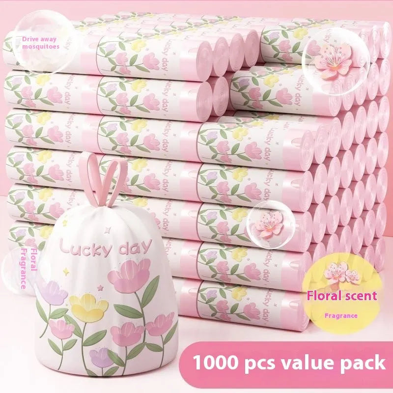Pink drawstring garbage bags with argy wormwood mosquito repellent, size 44 cm by 48 cm.