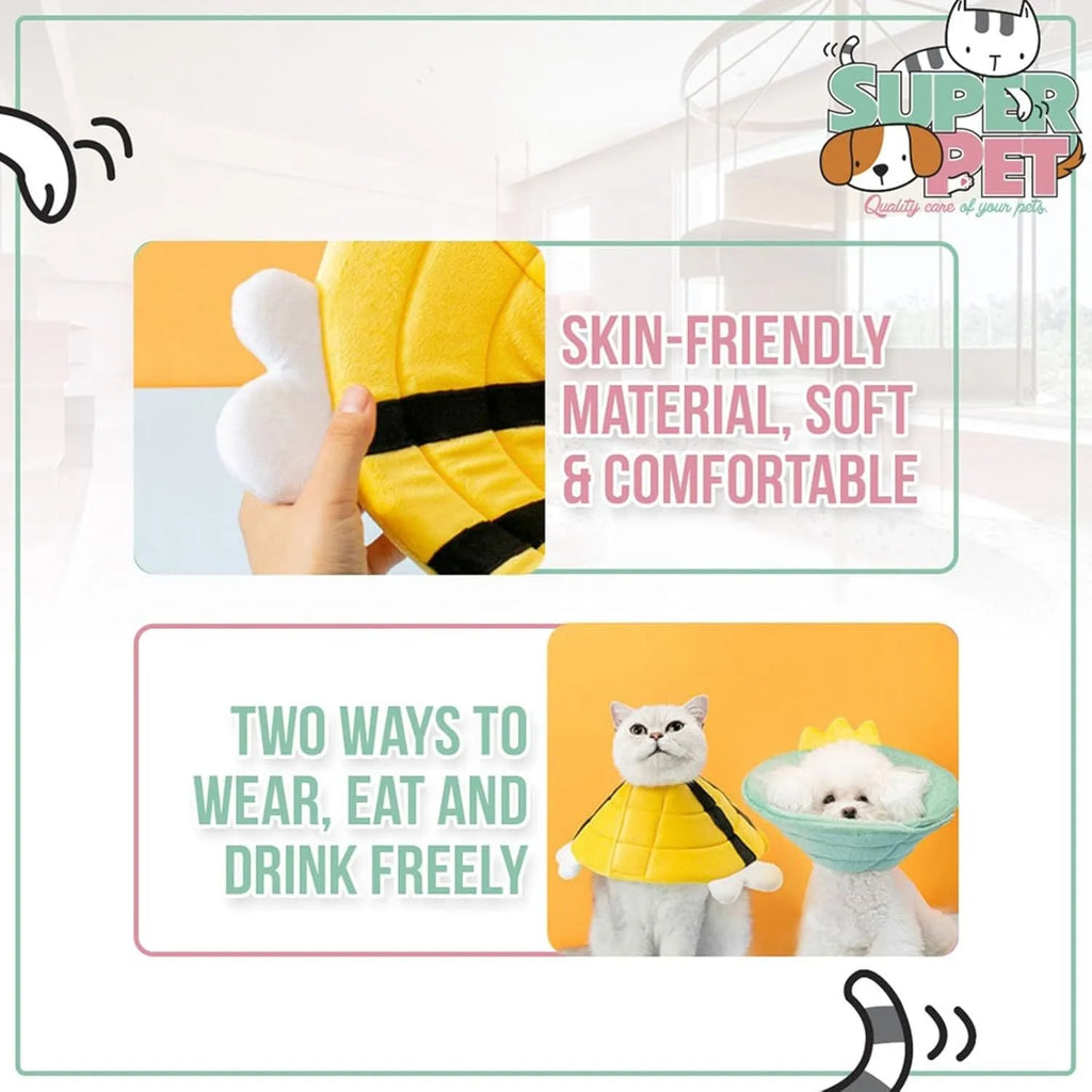 Soft bee design cat cone collar showing adjustable Velcro closure and protective shape
