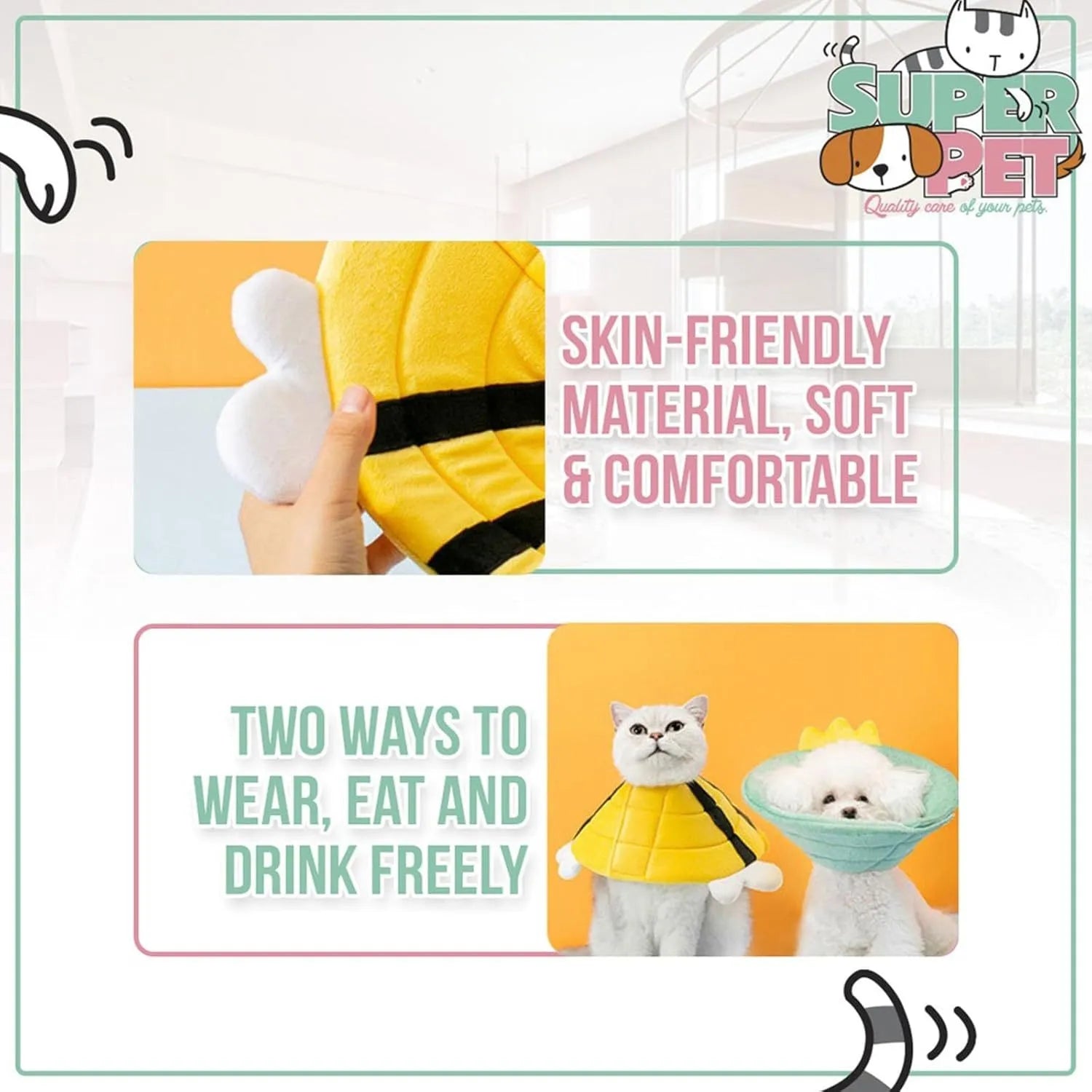 Soft bee design cat cone collar showing adjustable Velcro closure and protective shape