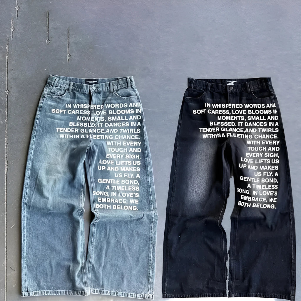 Men's loose-fit casual cotton trousers in blue with a wide straight leg, shown flat