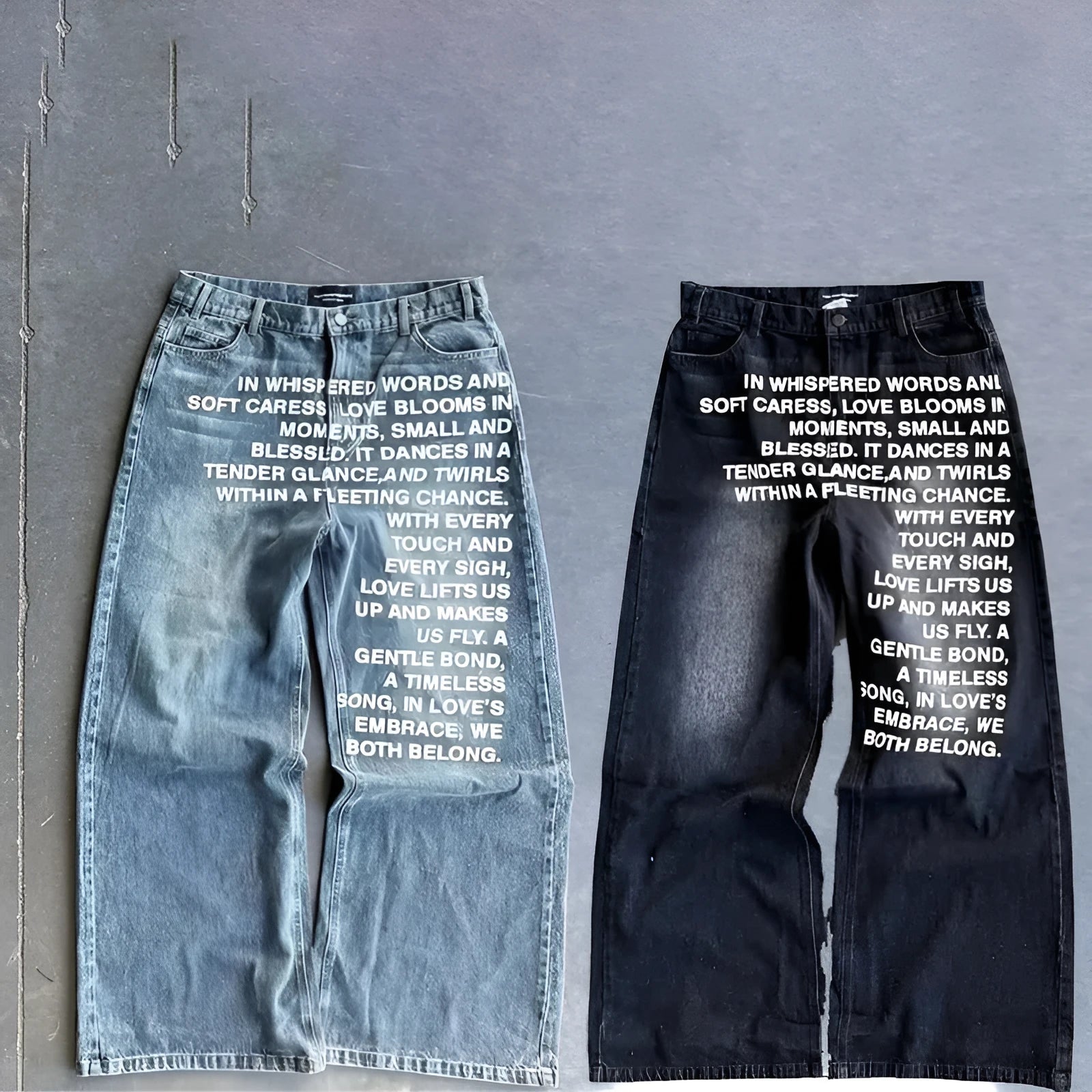 Men's loose-fit casual cotton trousers in blue with a wide straight leg, shown flat