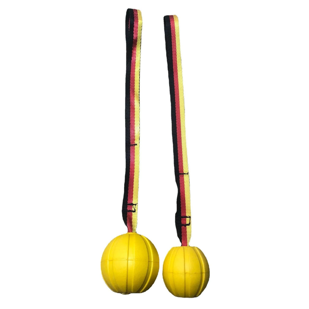 Yellow and camouflage EVA foam floating dog tetherballs in three different sizes for water fetch