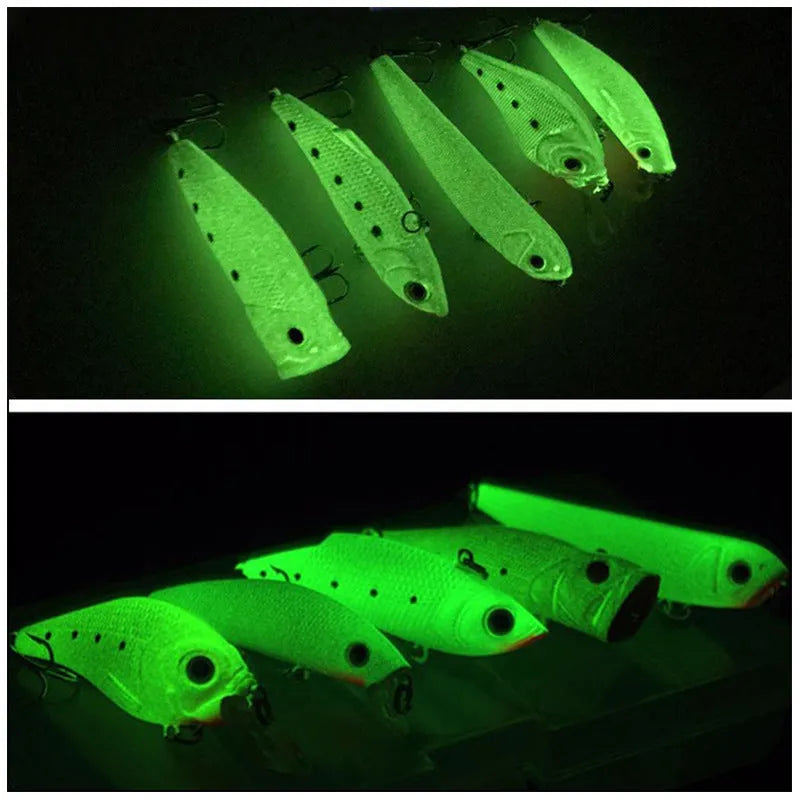 Set of five fluorescent 3D hard bait fishing lures with luminous finish on a blue background.