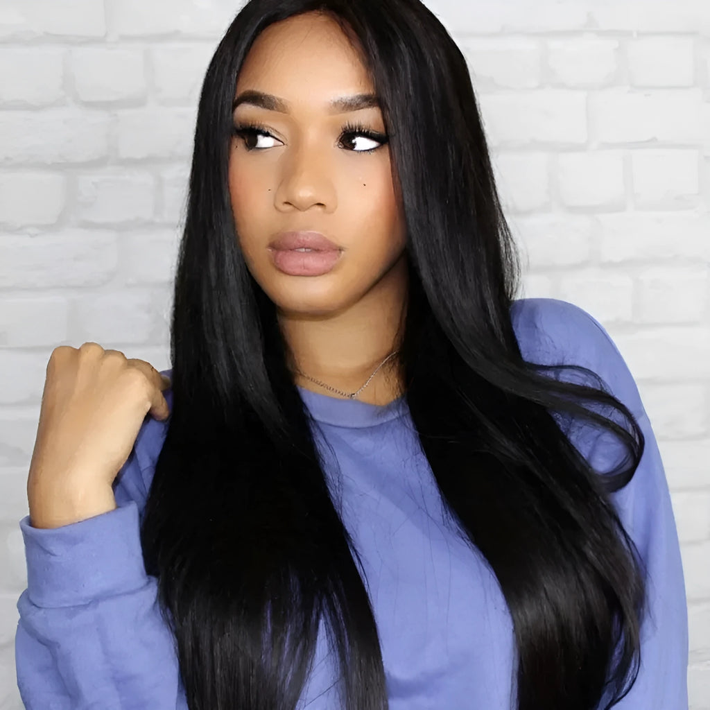 Long straight hair wig with centre-parting bangs in black colour on display