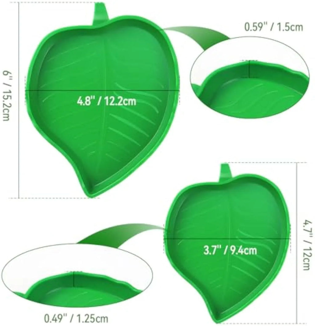 Two leaf-shaped reptile food and water bowls in green, large and small, on a white background.