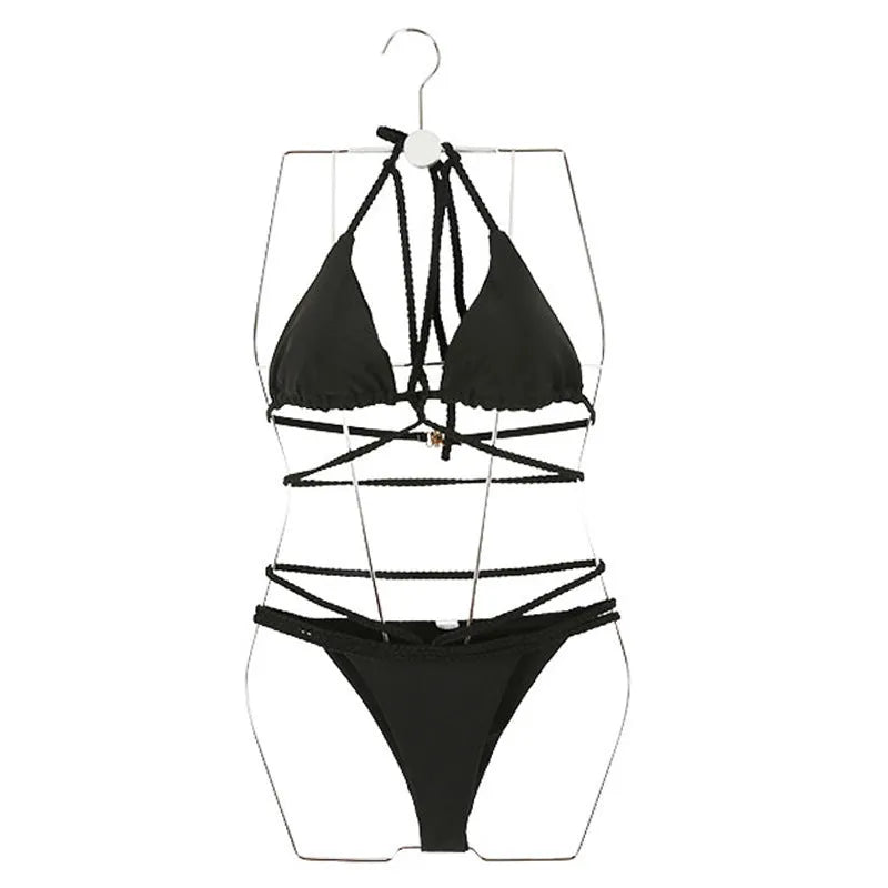 Black and red nylon bikini swimsuit set for swimming, showing front and back views.