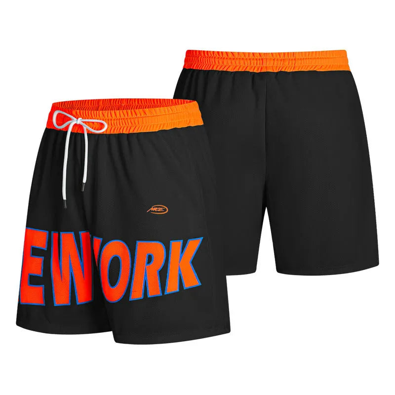 Korean style straight-leg men's shorts with printed letter design in black colour.