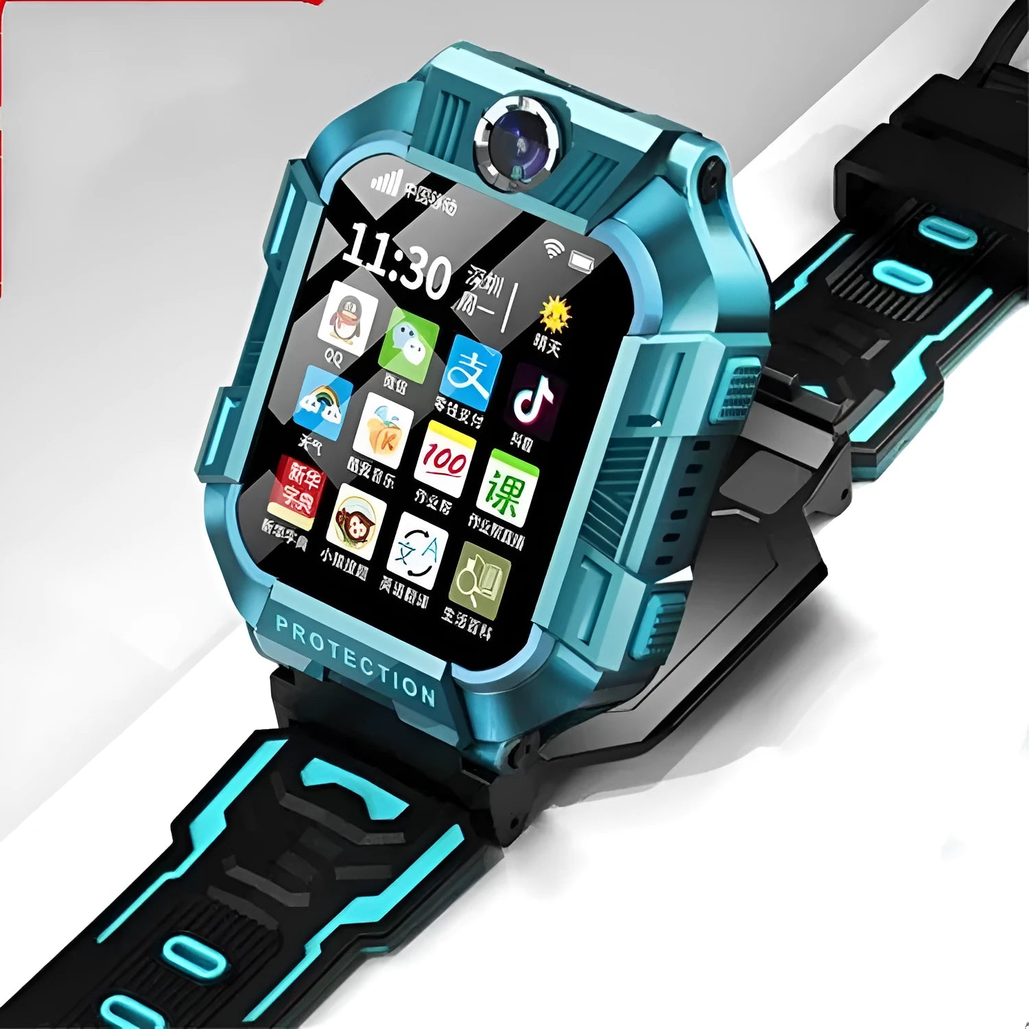 Children's GPS smart watch phone with silicone wristband in green or purple colours