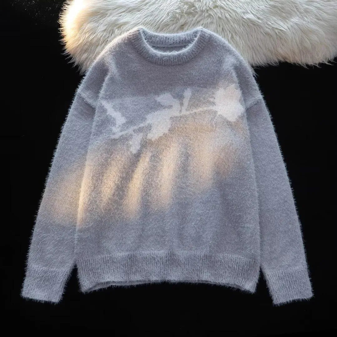 Men's grey pullover sweater with a dark rose flocking horse design on the chest.