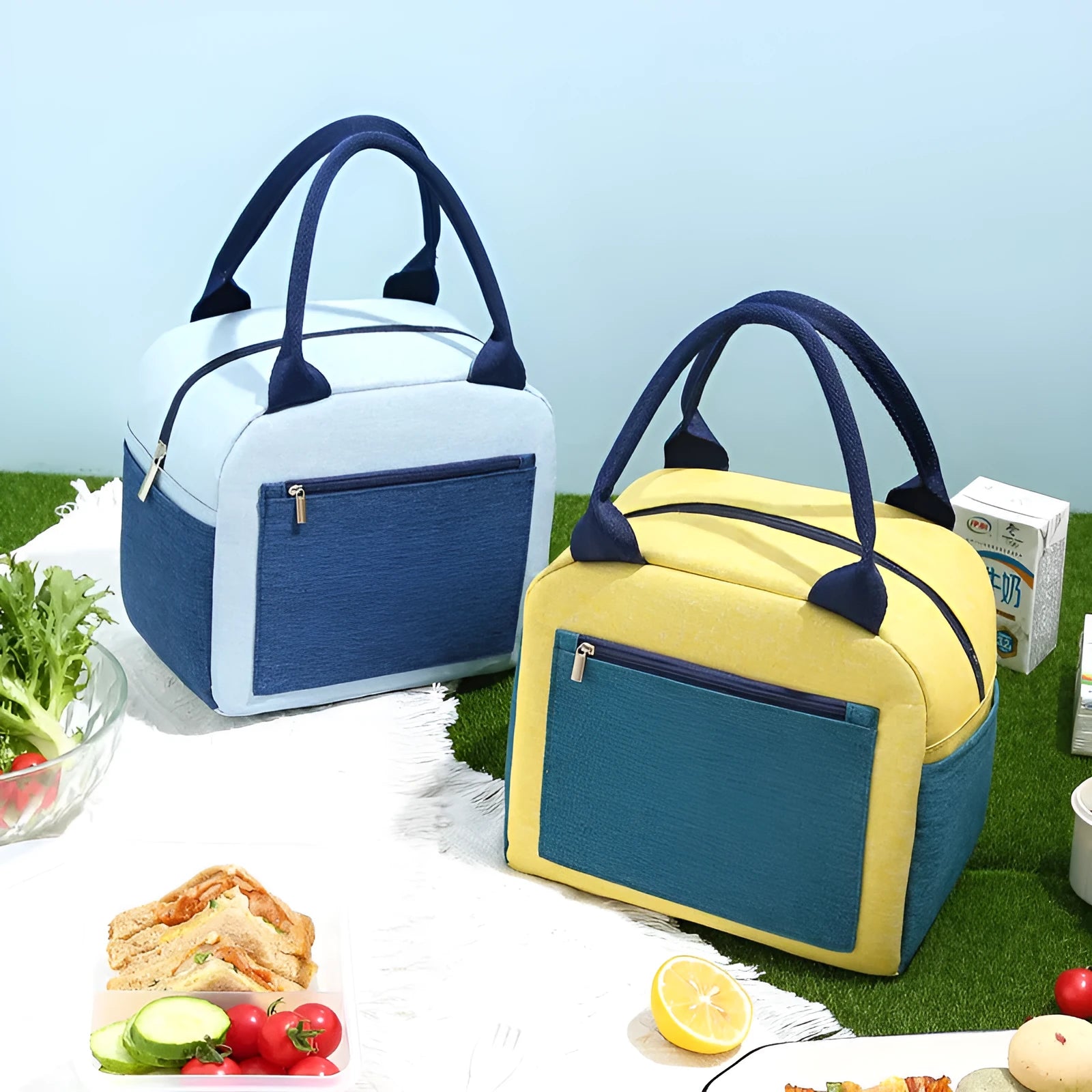 Waterproof aluminium foil lunch insulation bag in Oxford cloth, shown in blue colour.