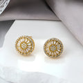 Geometric copper earrings with round pattern design in electroplated gold finish