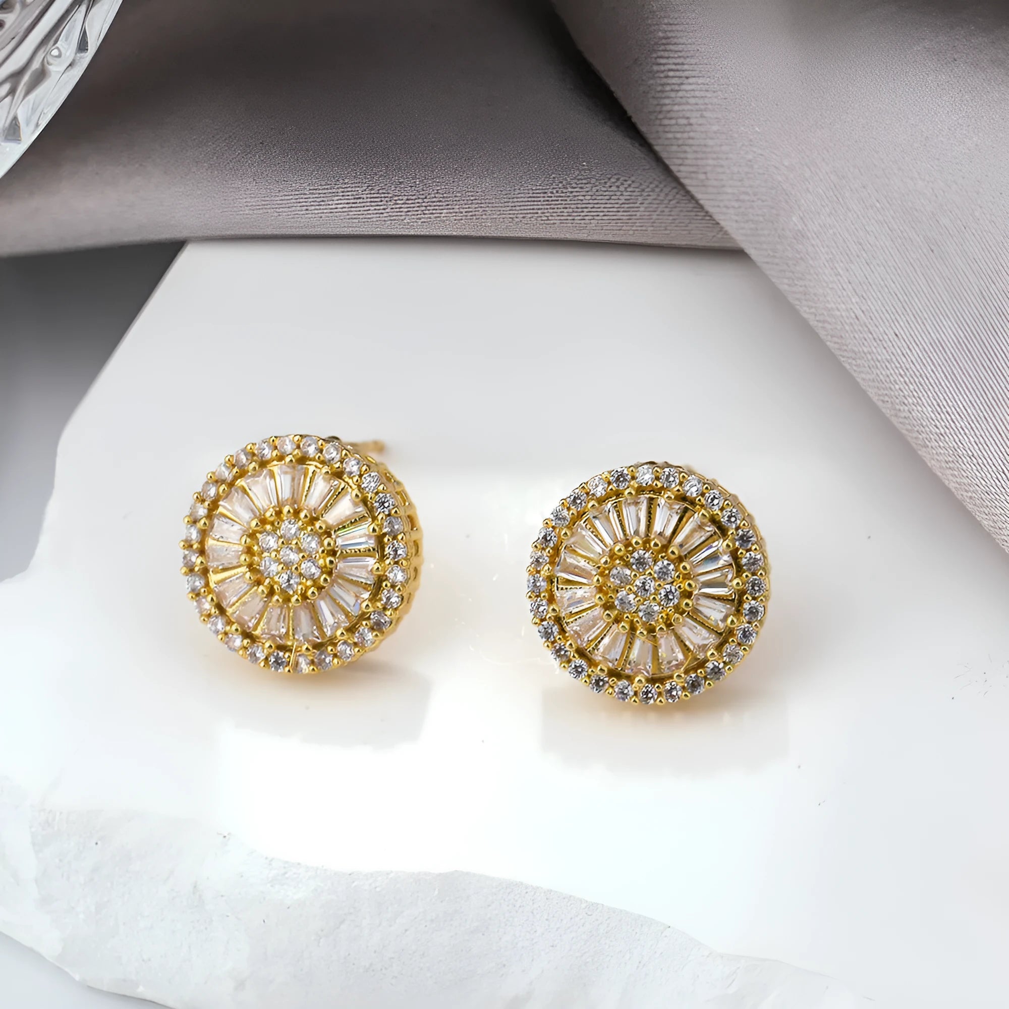 Geometric copper earrings with round pattern design in electroplated gold finish