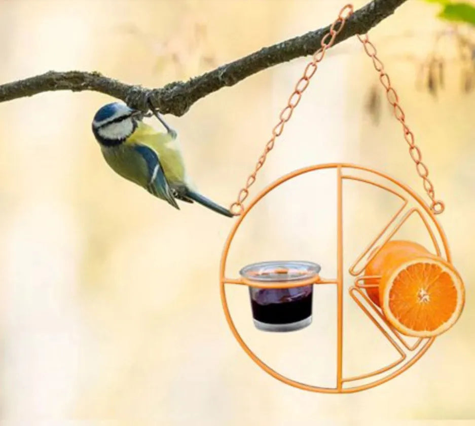 Hanging metal bird feeder in orange colour, iron construction, 20x7x20 cm, with open top hook for outdoor hummingbird feeding