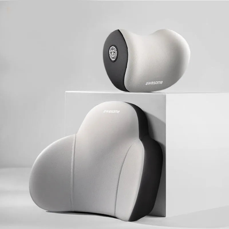 Automotive headrest and lumbar support pillows with all-cotton covers and memory foam filler in various colour options