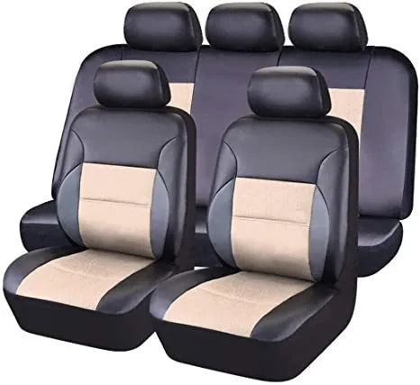 Artificial leather car seat cover set in black showing front seat and headrest pieces