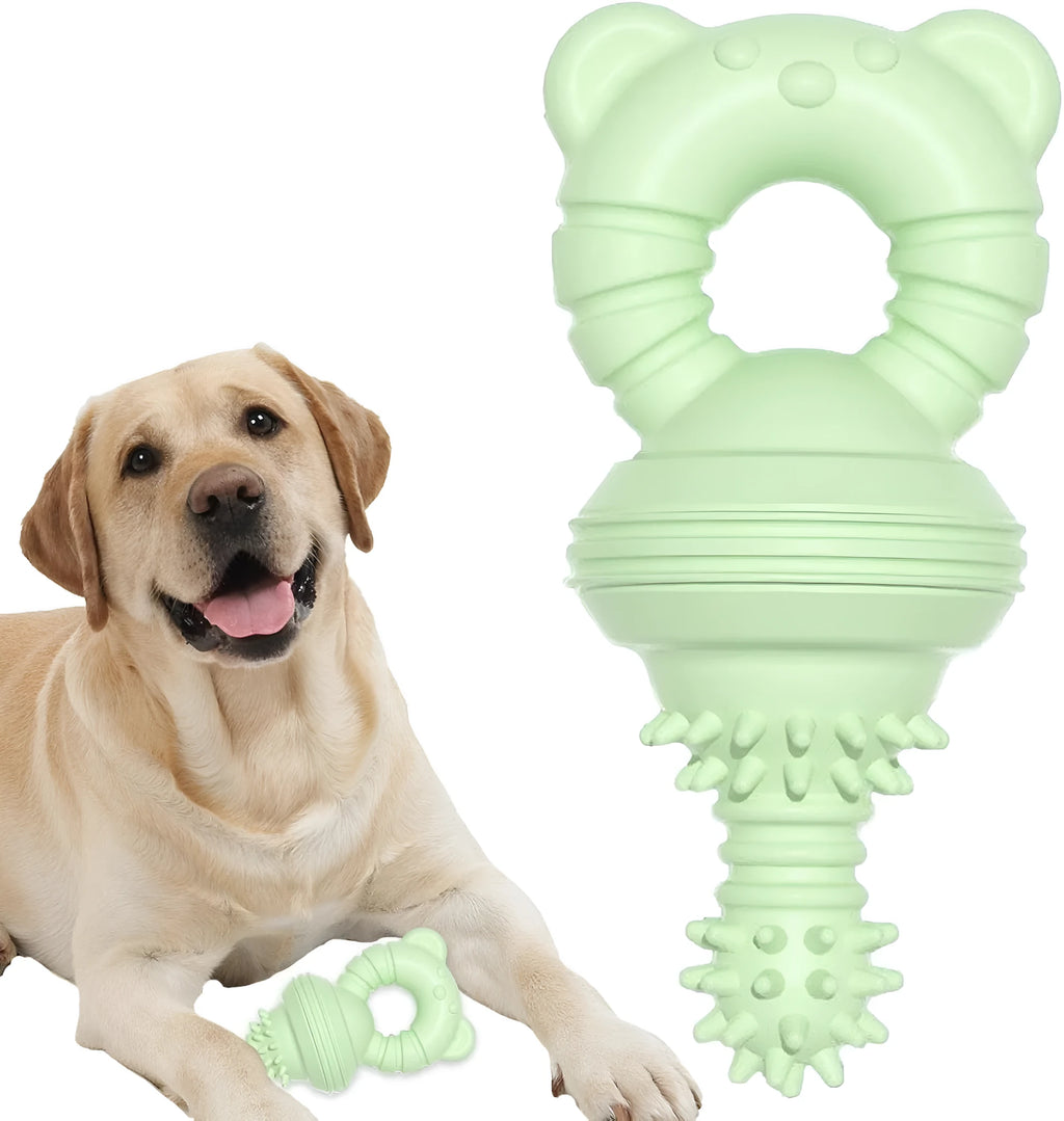 Blue rubber dog chew toy with textured molar cleaning surface and bell inside