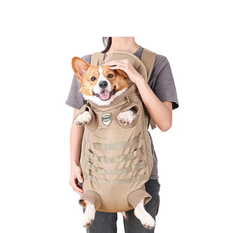 Khaki polyester pet backpack for medium dogs with breathable design