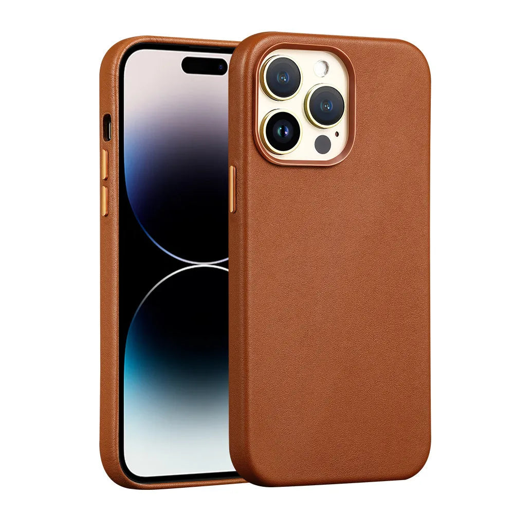 Berry Purple genuine leather magnetic phone case for iPhone 14 Pro Max showing magnetic ring