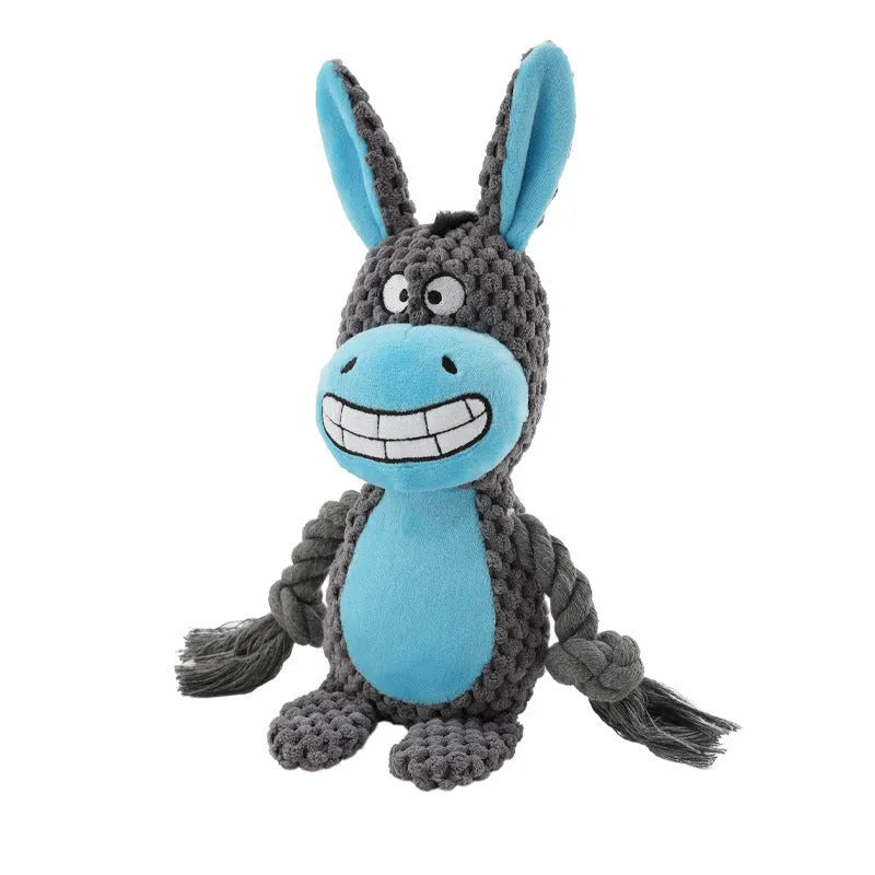 Plush hippo dog tug toy with cotton rope sections for interactive pull play