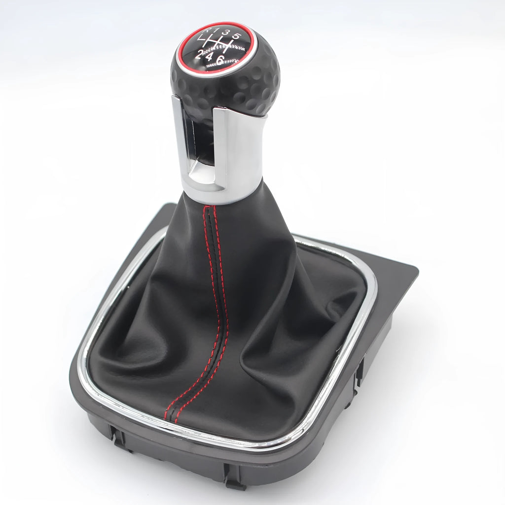 Black leather gear shift knob and dust boot handball for Volkswagen Golf manual transmission.