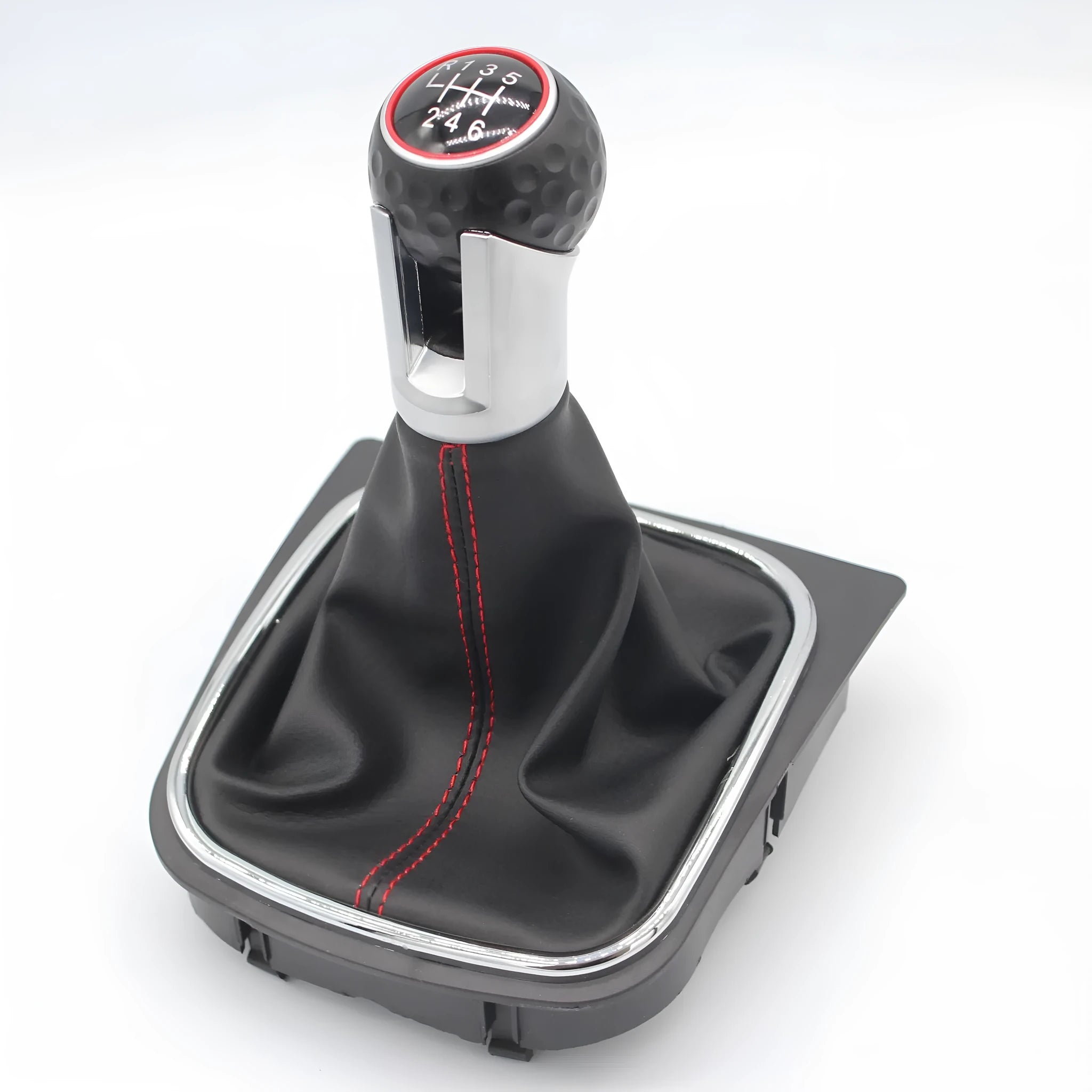 Black leather gear shift knob and dust boot handball for Volkswagen Golf manual transmission.