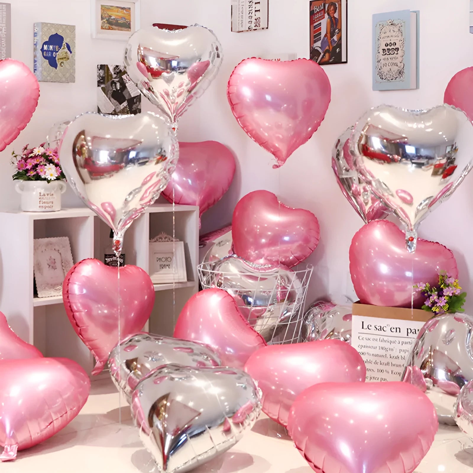 Pack of five sparkling silver aluminium foil peach heart-shaped balloons for party décor.