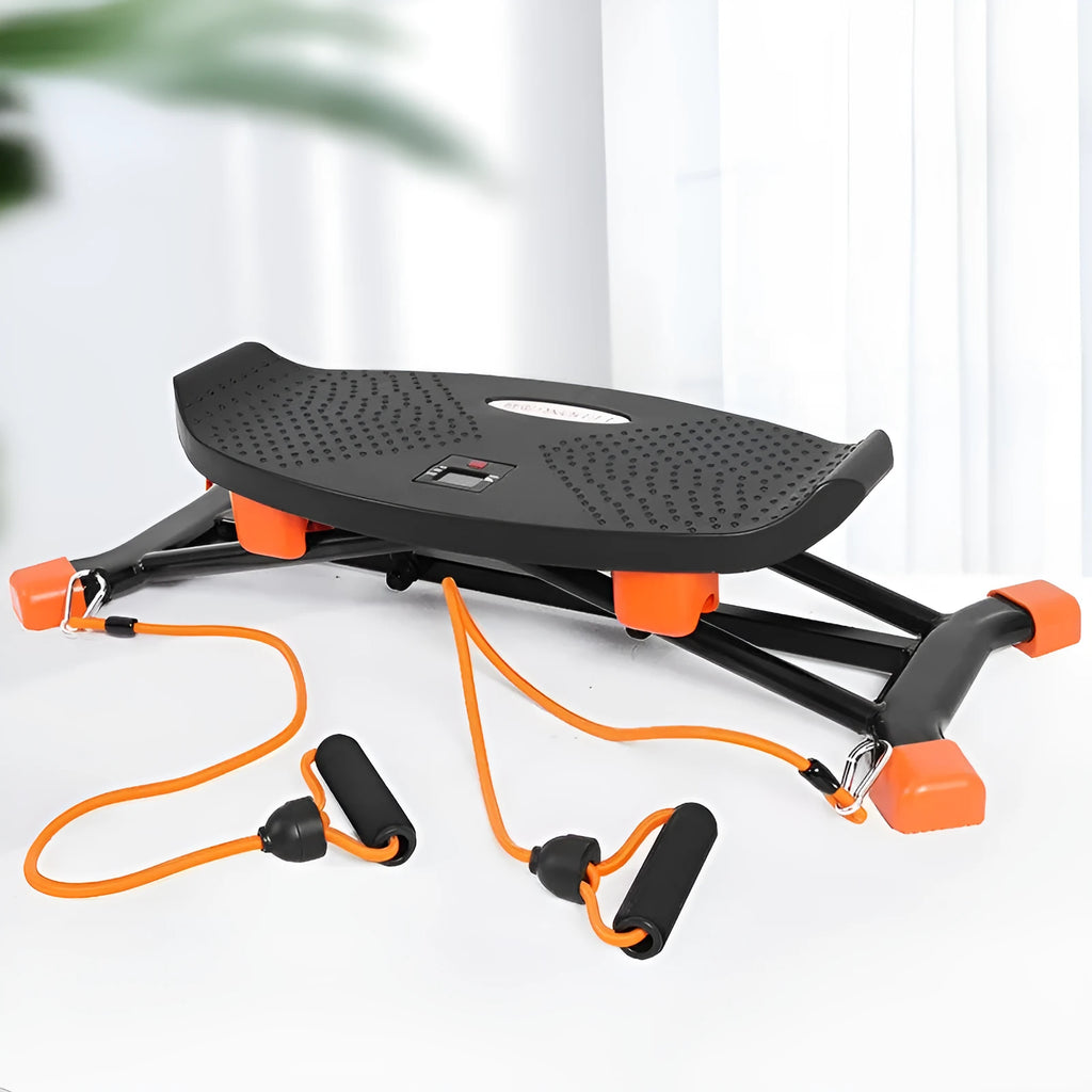 Black JS101A mini indoor fitness skiing machine with elastic hand straps on a flat surface.