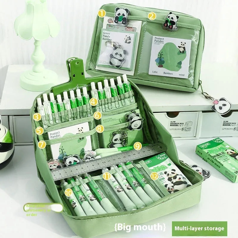 Green canvas 12 layer panda pencil case with large capacity for stationery organisation.