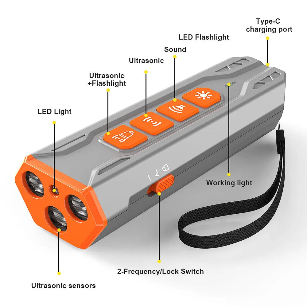 Three head ultrasonic dog trainer in grey and orange colour on a white background.