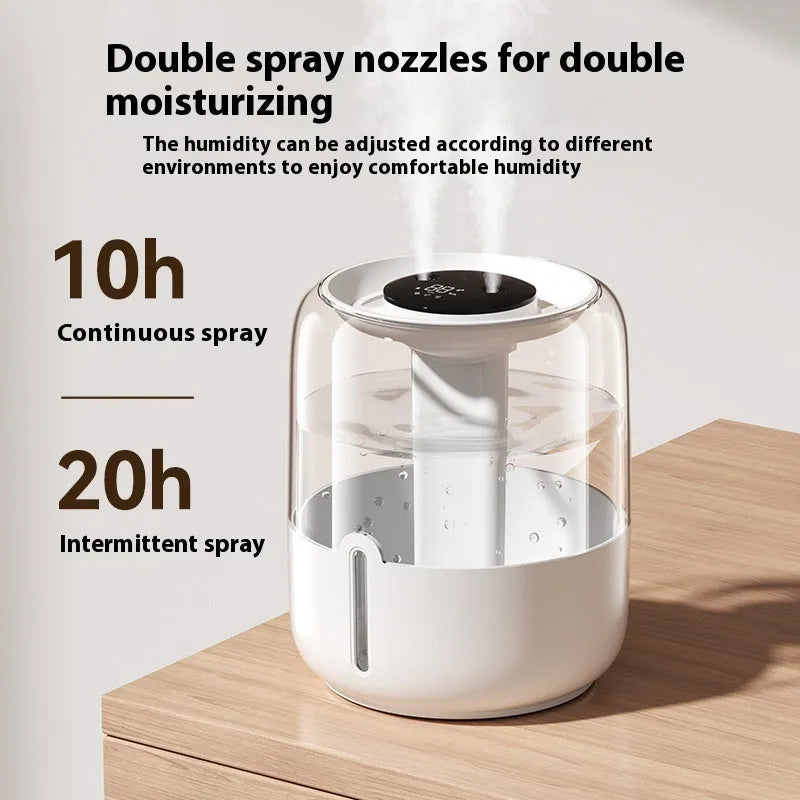 Beige round USB-powered humidifier with dual spray nozzles and a digital display.
