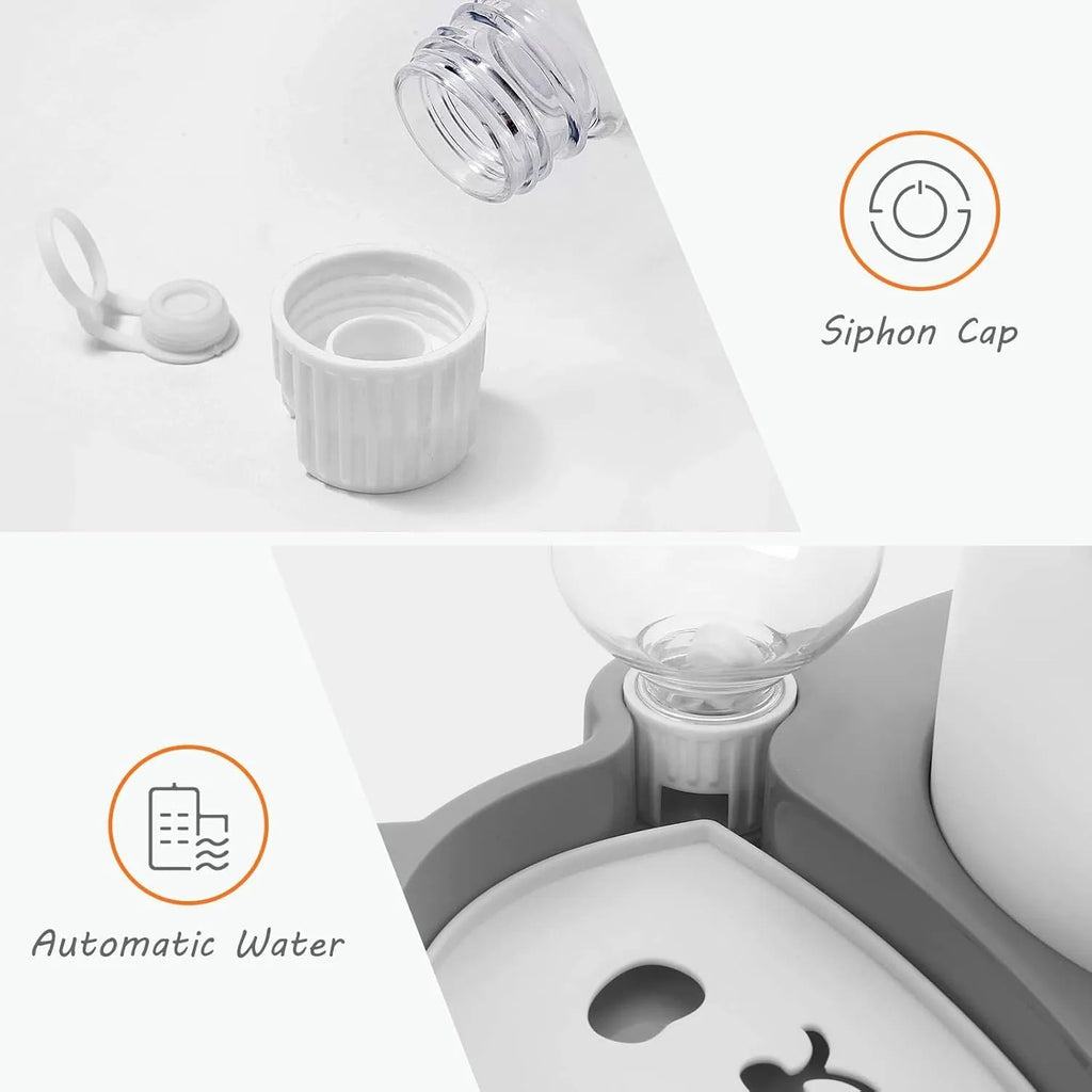 Grey and green panda-shaped pet feeder set with automatic water bottle and tilted food bowl