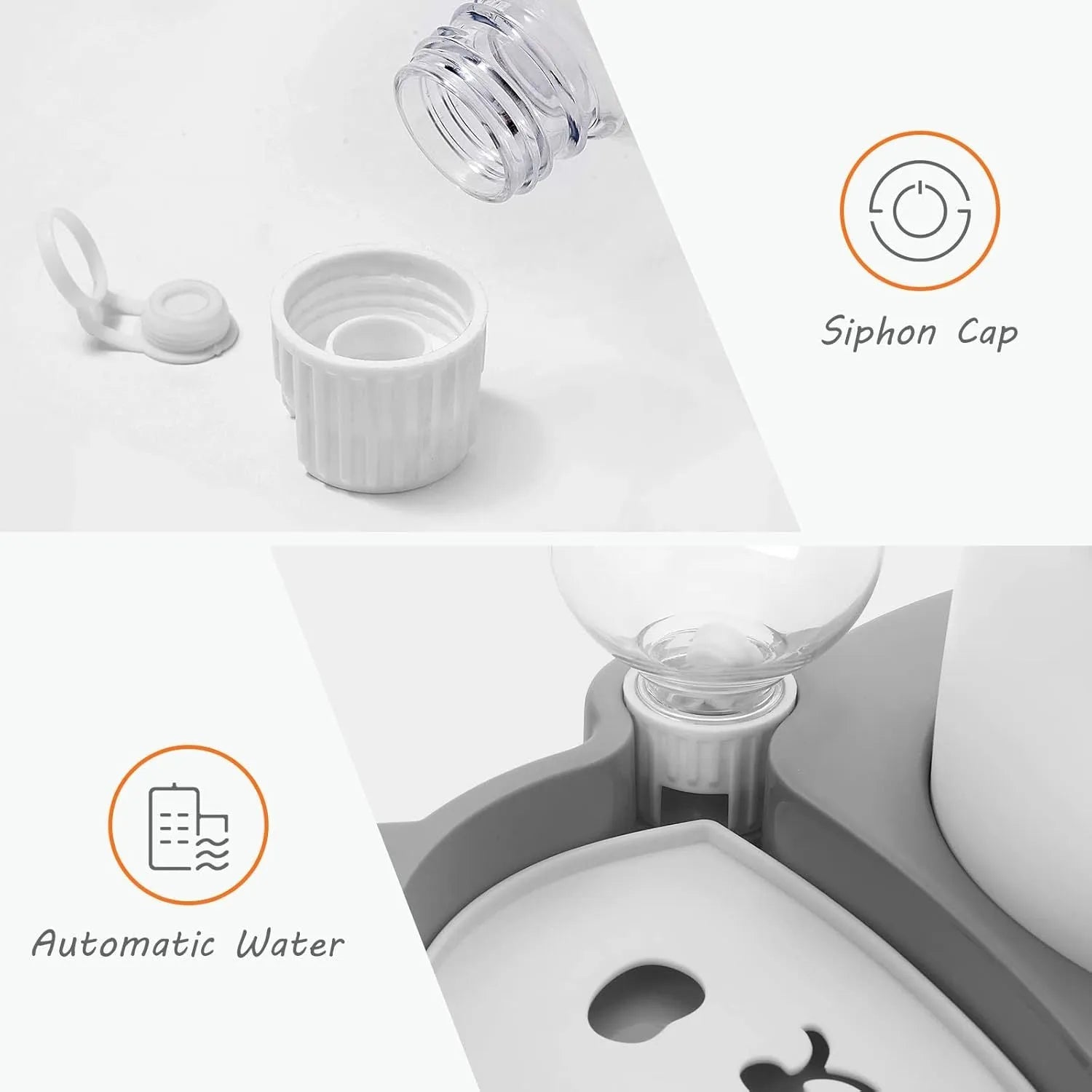 Grey and green panda-shaped pet feeder set with automatic water bottle and tilted food bowl
