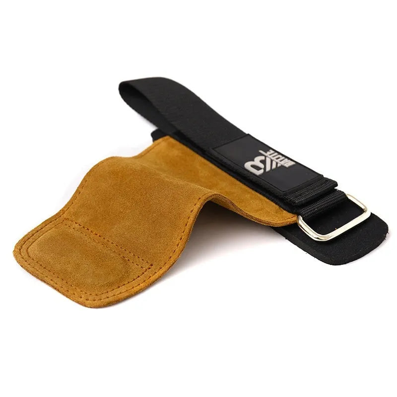 A pair of brown fitness hand protectors or wrist guards laid flat.