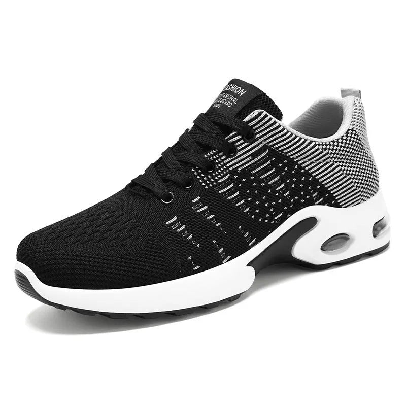 Men's low-top casual sneakers in black and blue with Flyknit mesh upper and lace-up front.