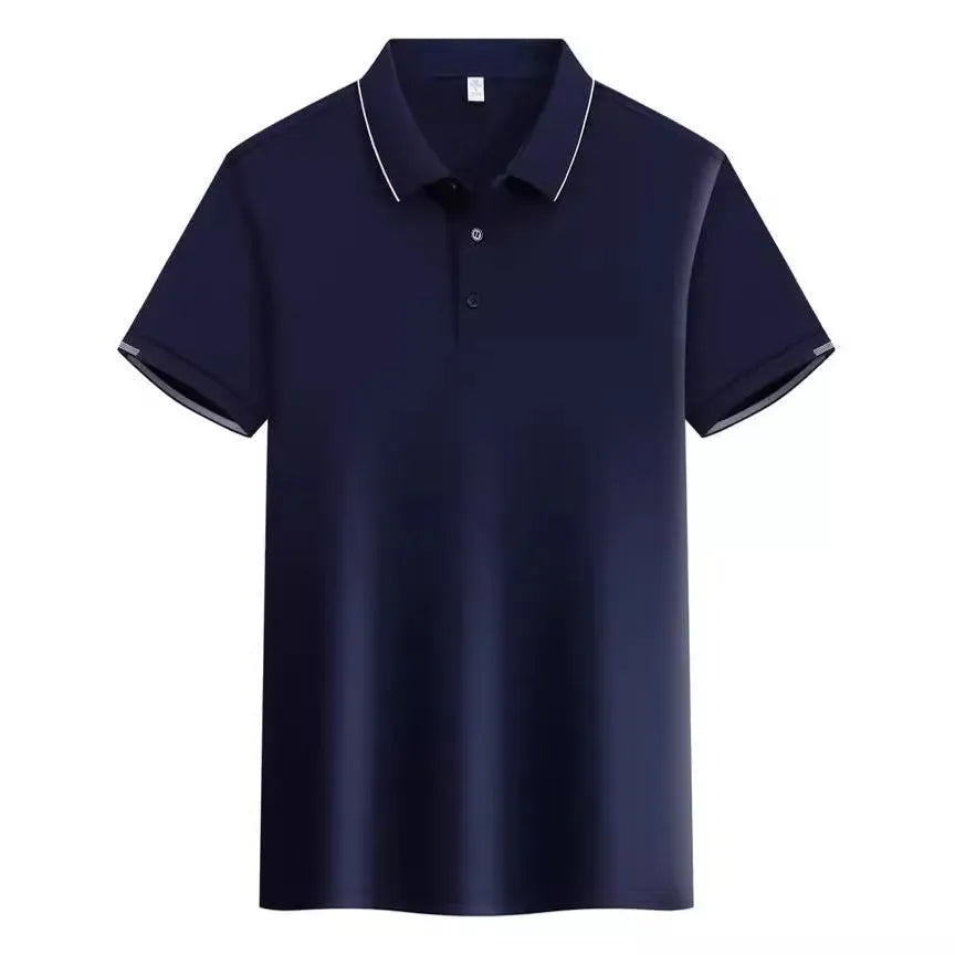 Loose fit cotton blend short sleeve polo shirt showing single-side colour secondary collar lapel detail.