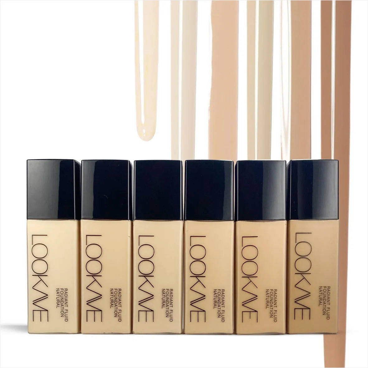 LOOKAVE matte liquid foundation bottle showing six shade options including ivory white