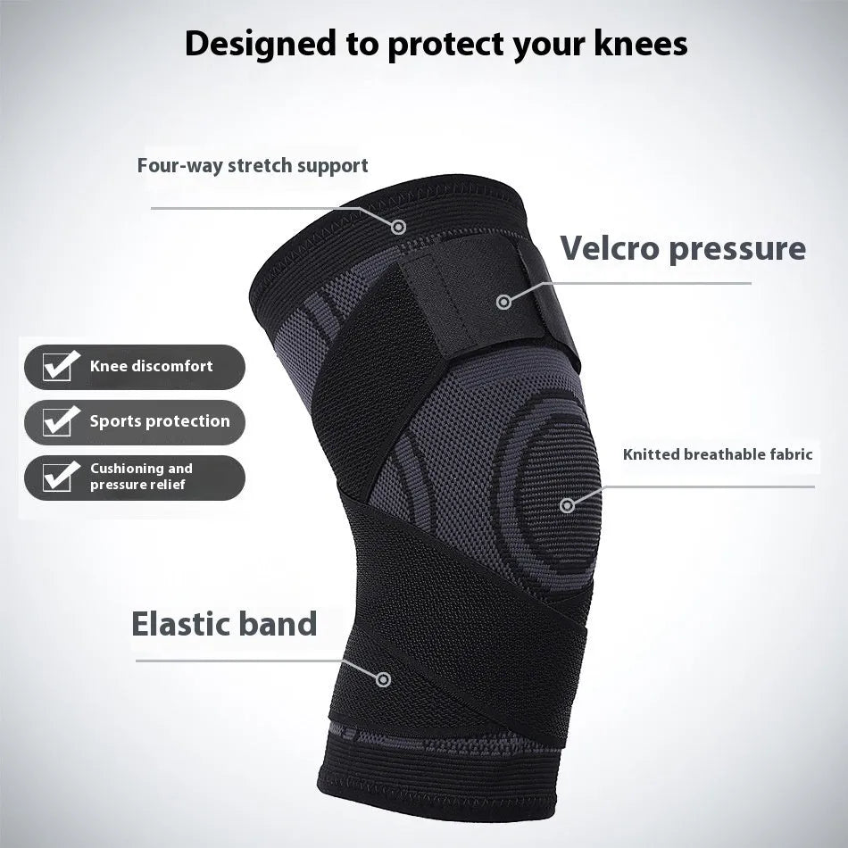 A pair of black non-slip knee pads for sports and fitness activities on a plain background.
